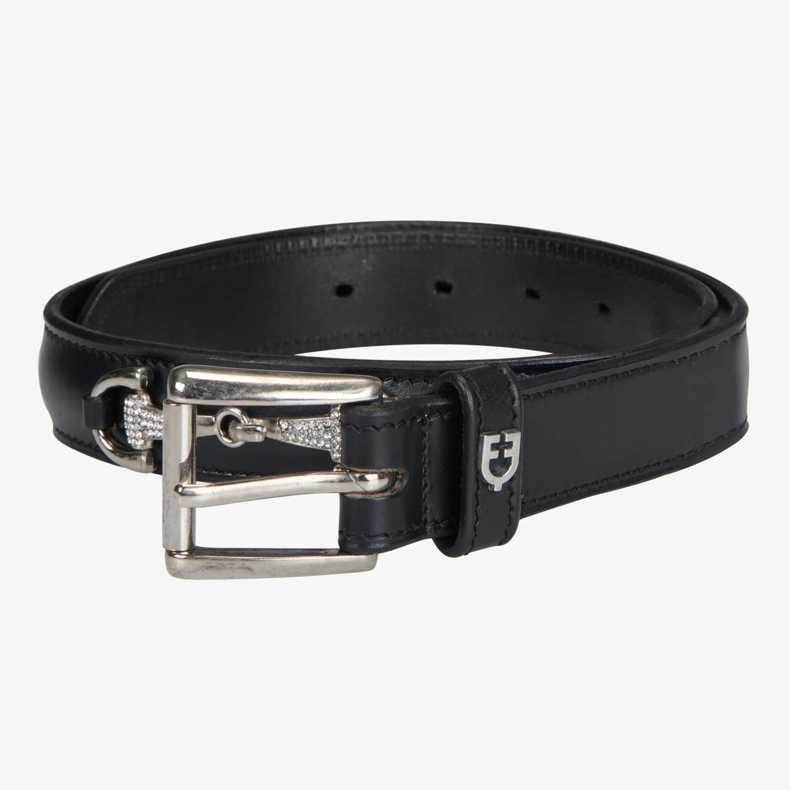 Equestro Leather Belt With Snaffle Bits And Rhinestones