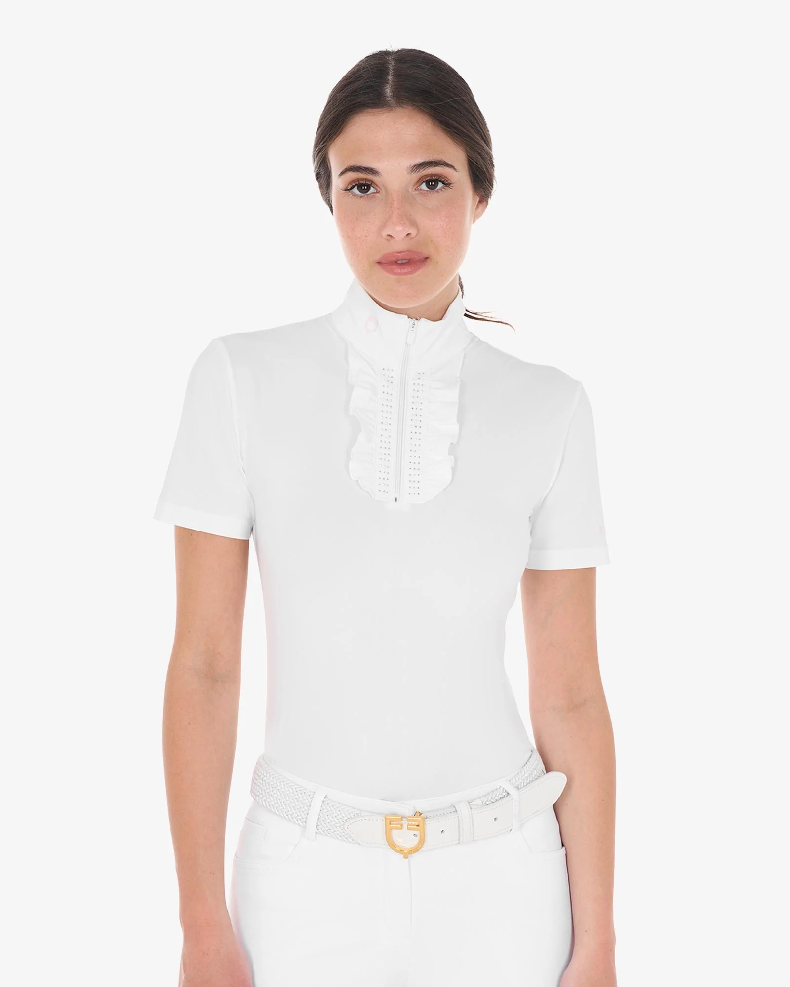 Equestro Women's Slim Fit Competition Polo Shirt With Ruffles And Rhinestones