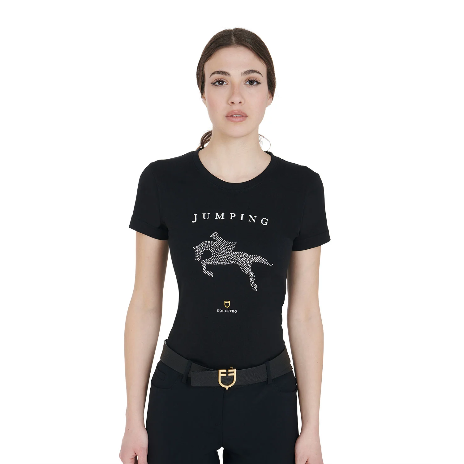 Equestro Women's Slim Fit T-Shirt Jumping With Rhinestone