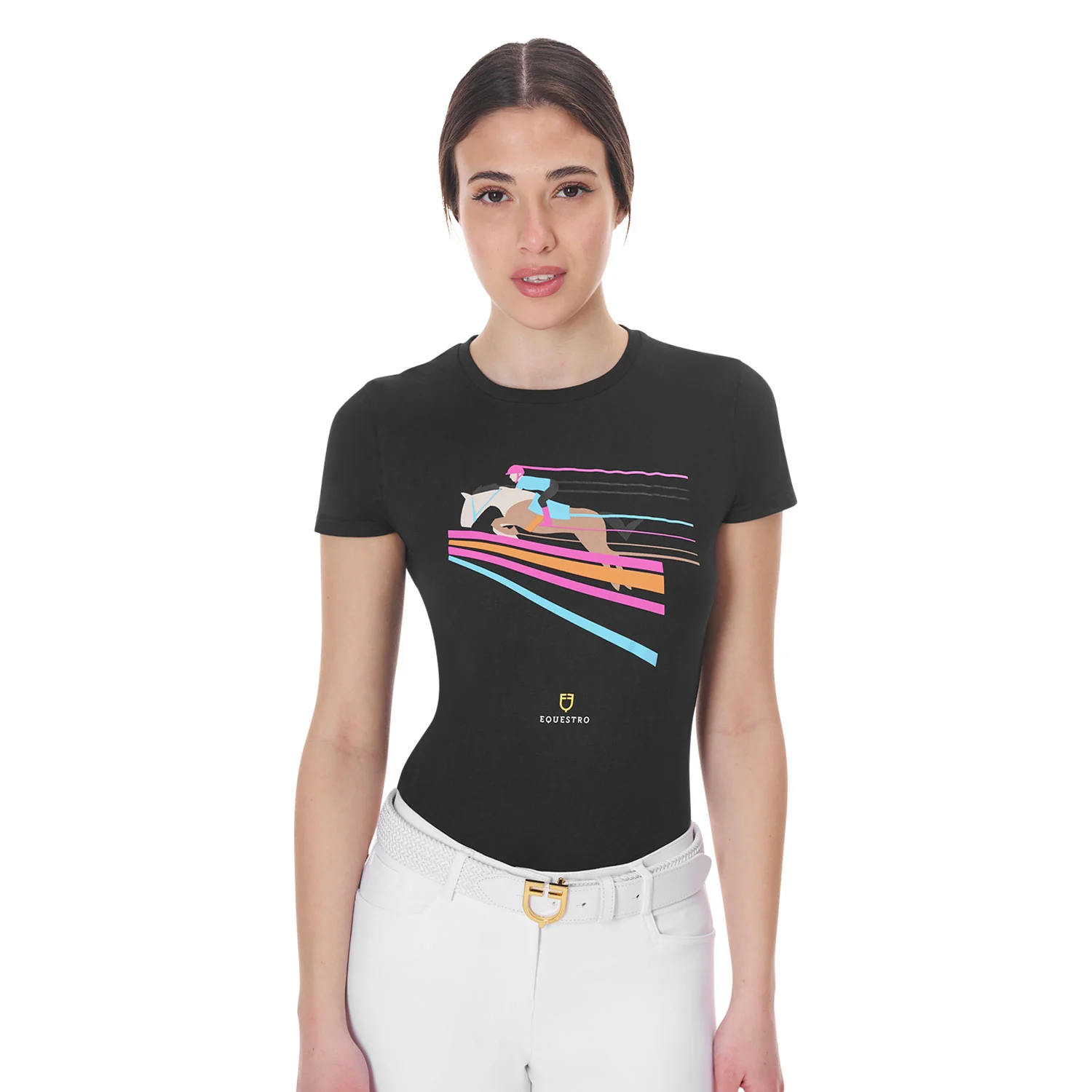 Equestro Women's Slim Fit T-Shirt With Colorful Jumping Design